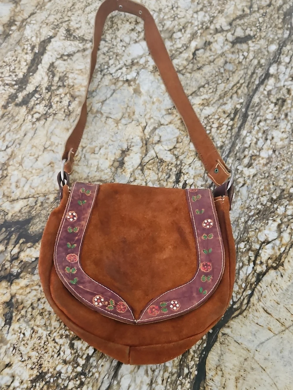 Undranded Boho Style Suede Hand Tooled Crossbody Bag Some Patina